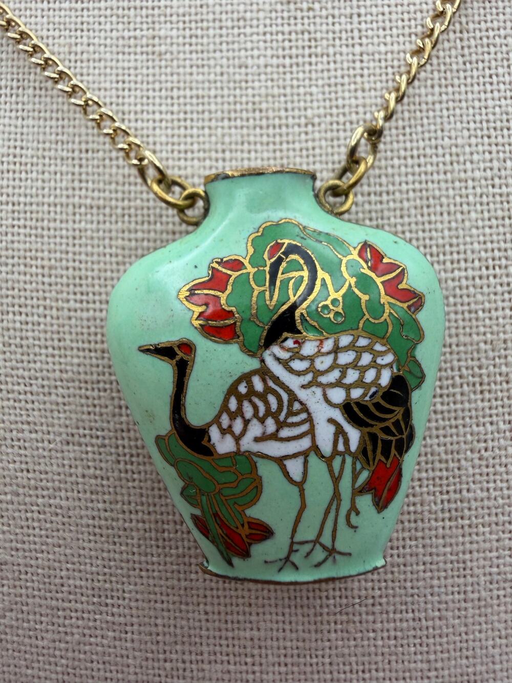 1970s Cloisonne Crane Snuff Bottle Pendant Necklace Mint Green Enamel